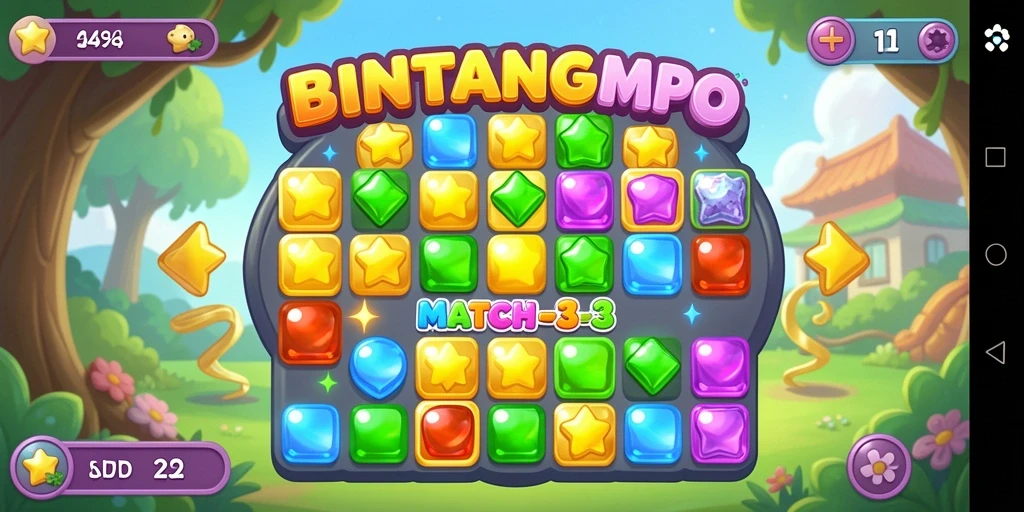 Tampilan gameplay seru dalam BINTANGMPO dengan bintang-bintang yang berwarna-warni.
