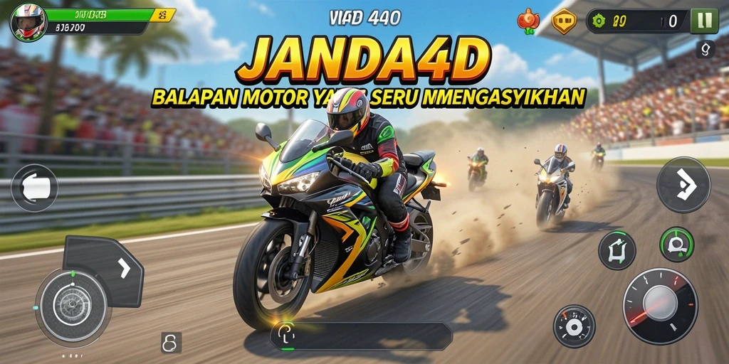 Screenshot gameplay JANDA4D menunjukkan aksi balapan motor yang menegangkan.