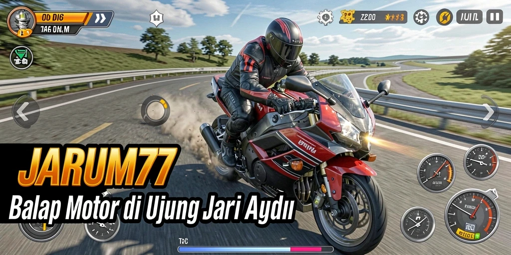 Gameplay intens di trek balap JARUM77 dengan motor berkecepatan tinggi.
