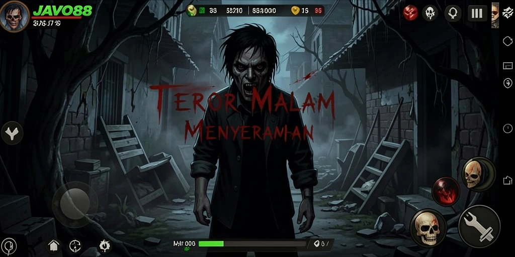 Screenshot gameplay <strong>JAVO88</strong> menunjukkan adegan menegangkan yang penuh dengan kegelapan.