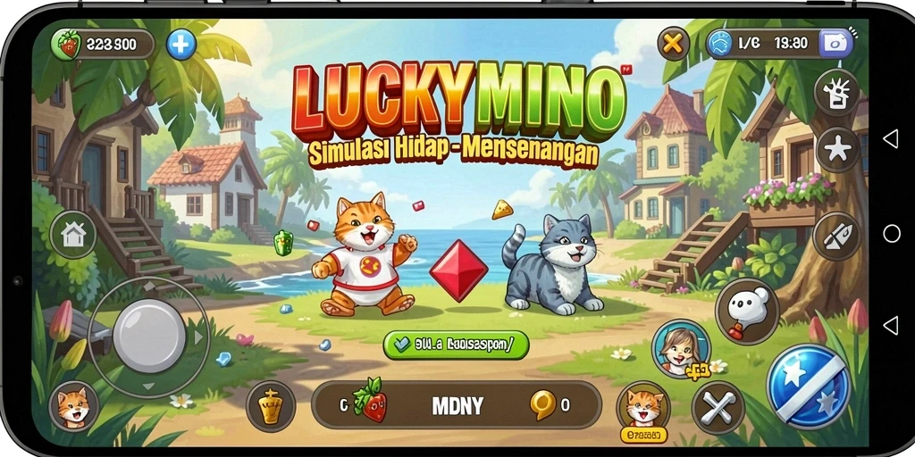 Tampilan gameplay LUCKYMINO yang menampilkan karakter dan lingkungan hidup.