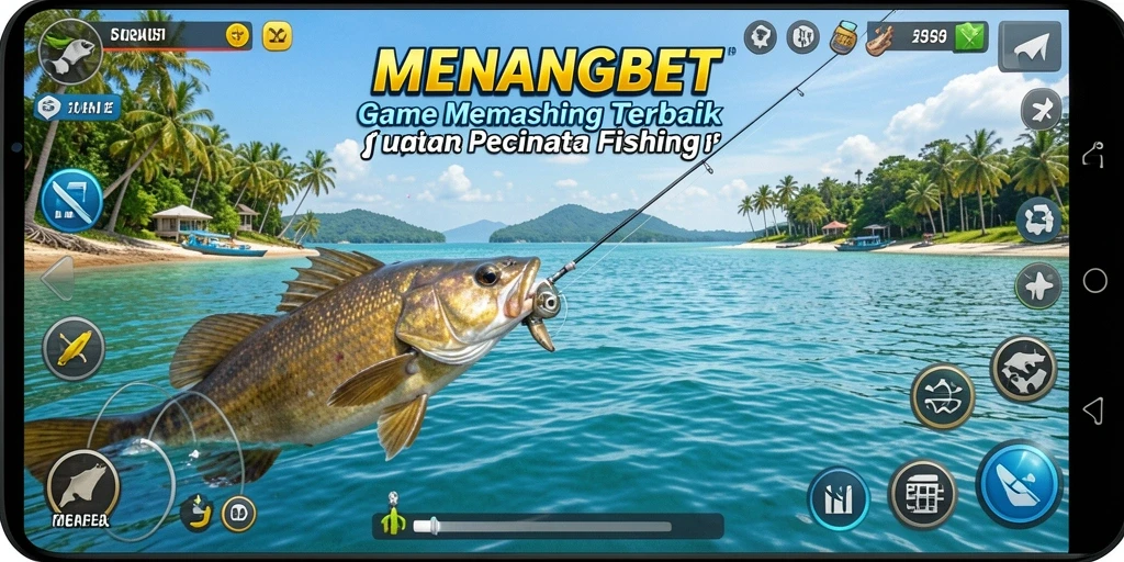 Screenshot utama MENANGBET menampilkan pemain sedang memancing di danau yang indah.