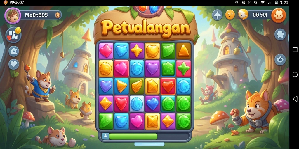Screenshot menunjukkan gameplay Match-3 yang seru dan penuh warna.