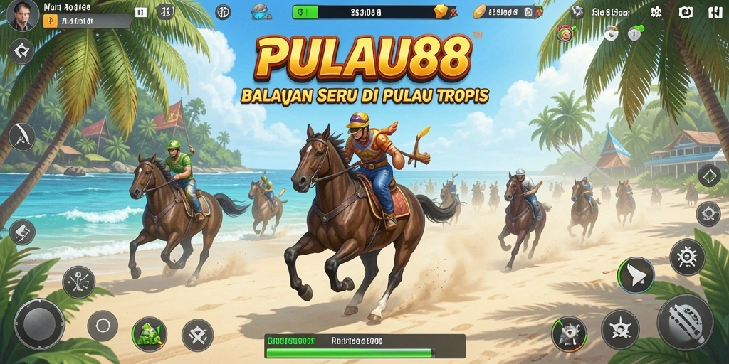 Tampilan gameplay balapan di pulau tropis yang menegangkan.