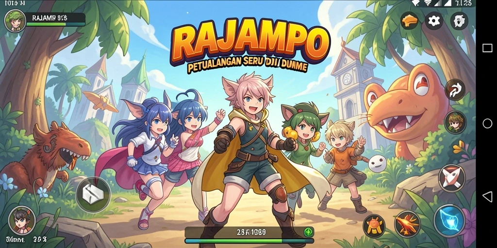 Screenshot gameplay RAJAMPO dengan aksi karakter anime.